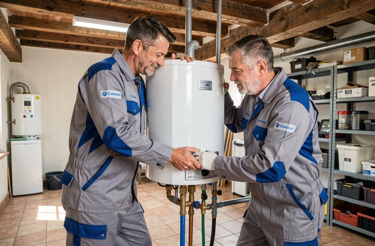 Deux techniciens AB Groupe installant un chauffe-eau dans la chaufferie d'un immeuble résidentiel