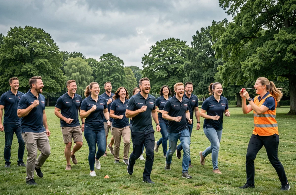 Activité de team-building en plein air organisée par Activ'Event dans un parc normand, groupe d'adultes en compétition amicale