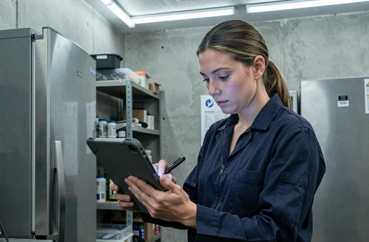 Technicienne de l'ADEM Atelier Dépannage Electro-Ménager utilisant une tablette de diagnostic sur un réfrigérateur dans un atelier de Toulon