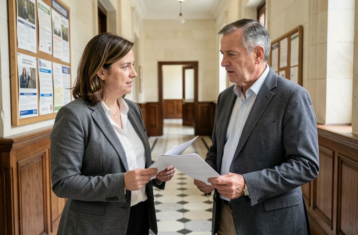 Une adjointe au maire et un conseiller municipal discutant de documents officiels dans un couloir de mairie, représentant les indemnités des élus locaux français