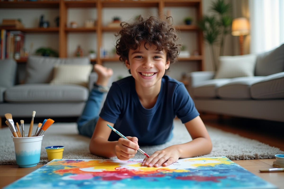 Adolescent souriant peignant sur un tableau paintbynumbers au sol