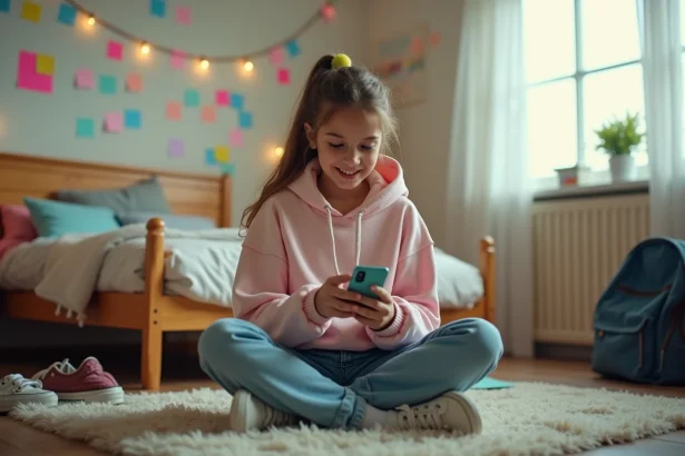 Adolescente de 16 ans dans sa chambre scrollant sur son téléphone, illustrant le langage des jeunes en 2026
