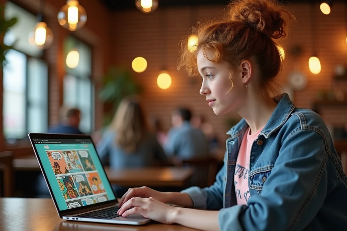 Adolescente consultant un site de webtoons sur ordinateur portable dans un café urbain