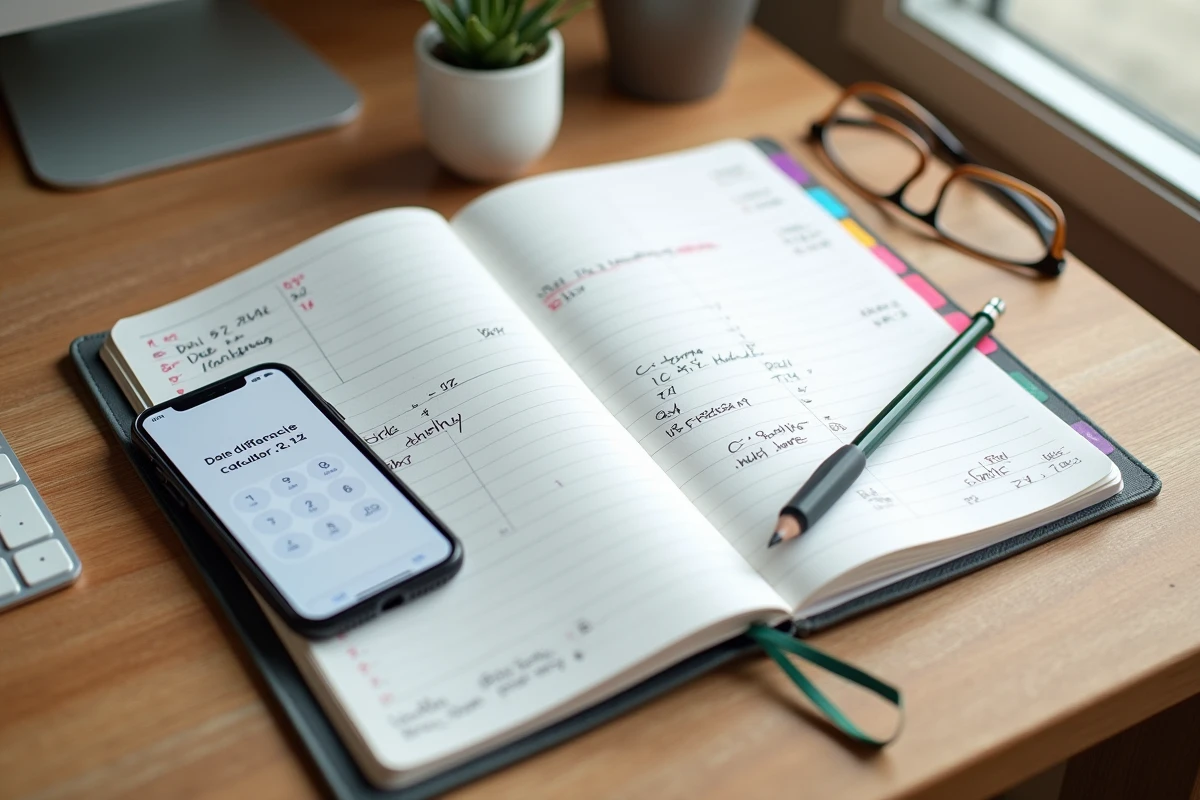 Vue aérienne d'un agenda ouvert avec calcul de jours entre deux dates, jours fériés marqués et application mobile sur bureau en bois