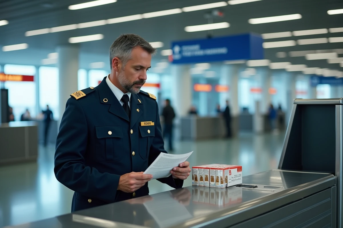 Agent des douanes inspectant un carton de cartouches de cigarettes au poste de contrôle d'un aéroport international