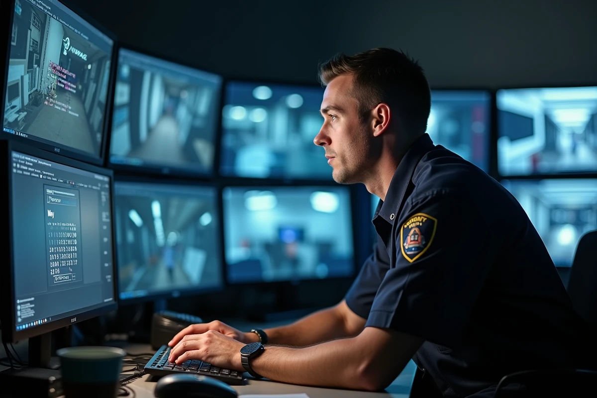 Agent de sécurité en uniforme consultant un planning de mai sur son écran dans une salle de surveillance, représentant le travail pendant les jours fériés