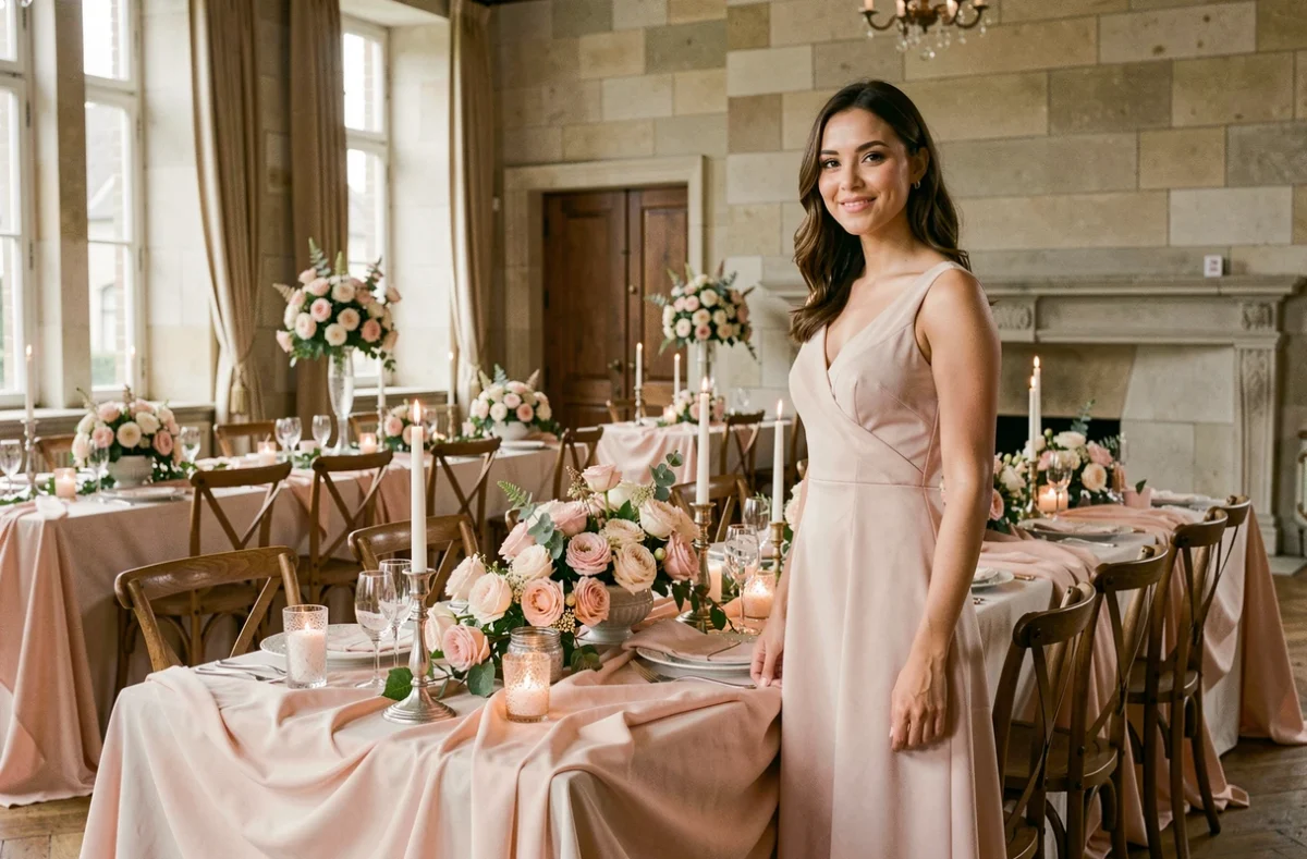 Planificatrice d'Alysse Events ajustant une décoration florale pour un mariage dans un château normand