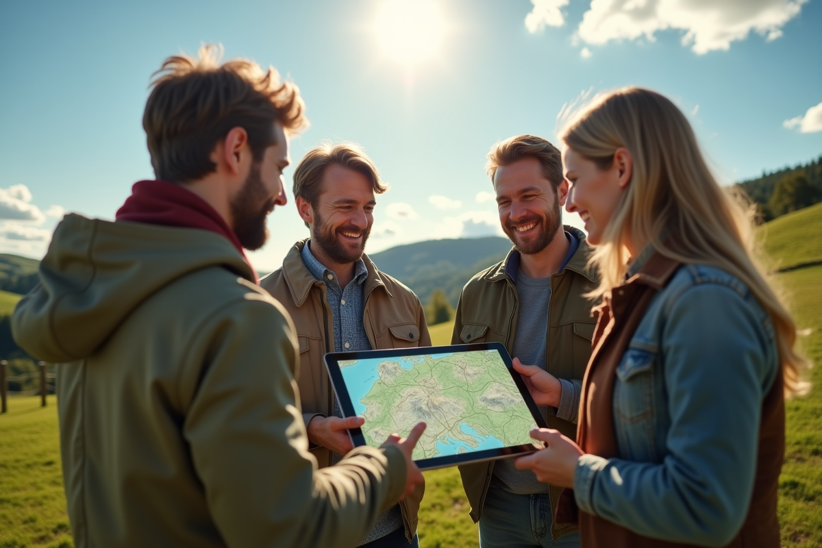 Groupe d amis en plein air tenant une tablette avec une carte numérique détaillée