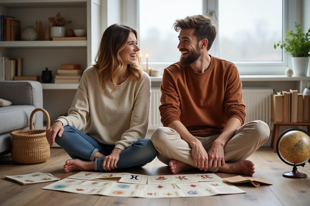 Deux amis explorant des cartes astrologiques et un thème natal pour découvrir leur signe du zodiaque du 4 mars