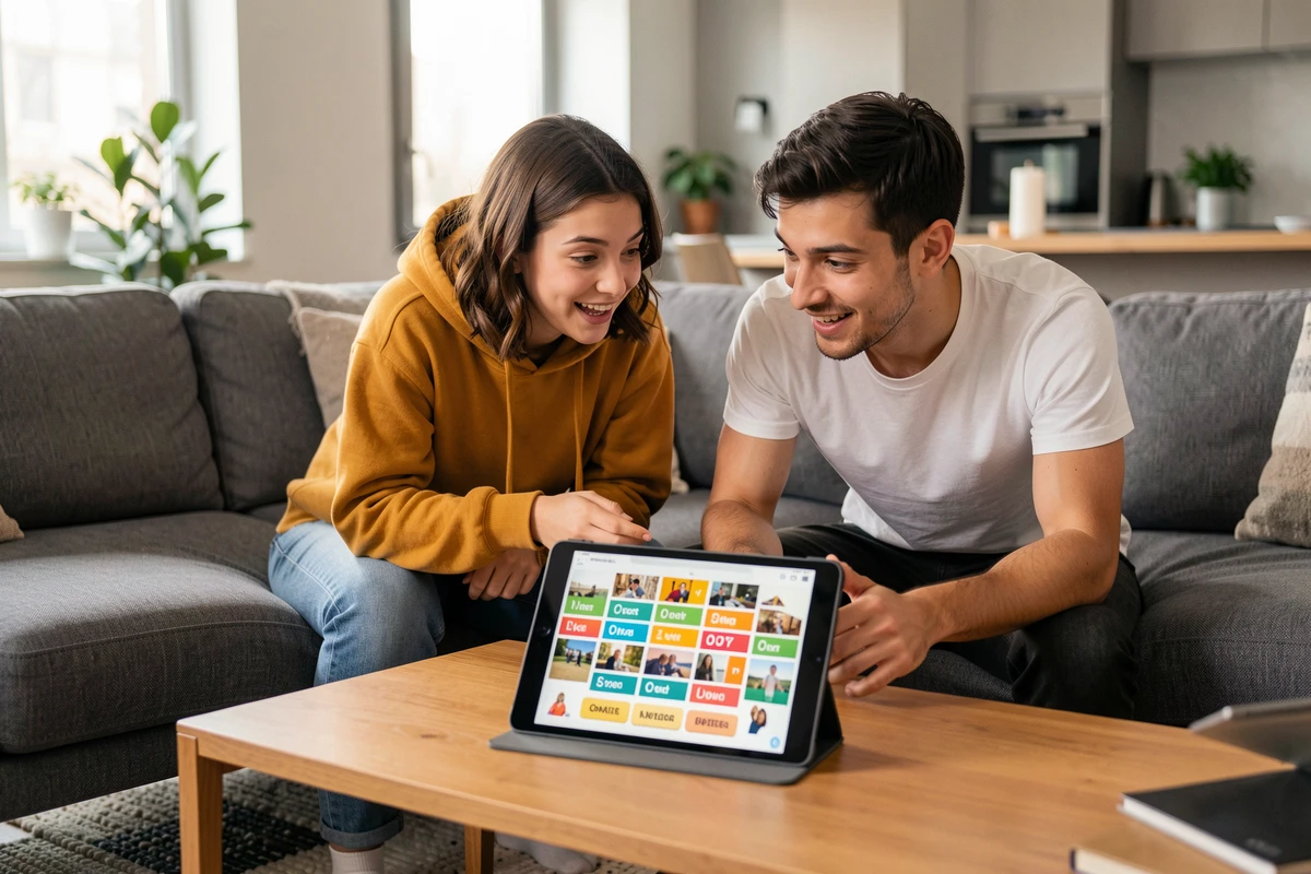 Deux amis collaborant pour trouver un mot de 9 lettres dans le jeu 4 images 1 mot sur tablette