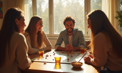 Groupe d'amis jouant à un jeu de société en salon lumineux