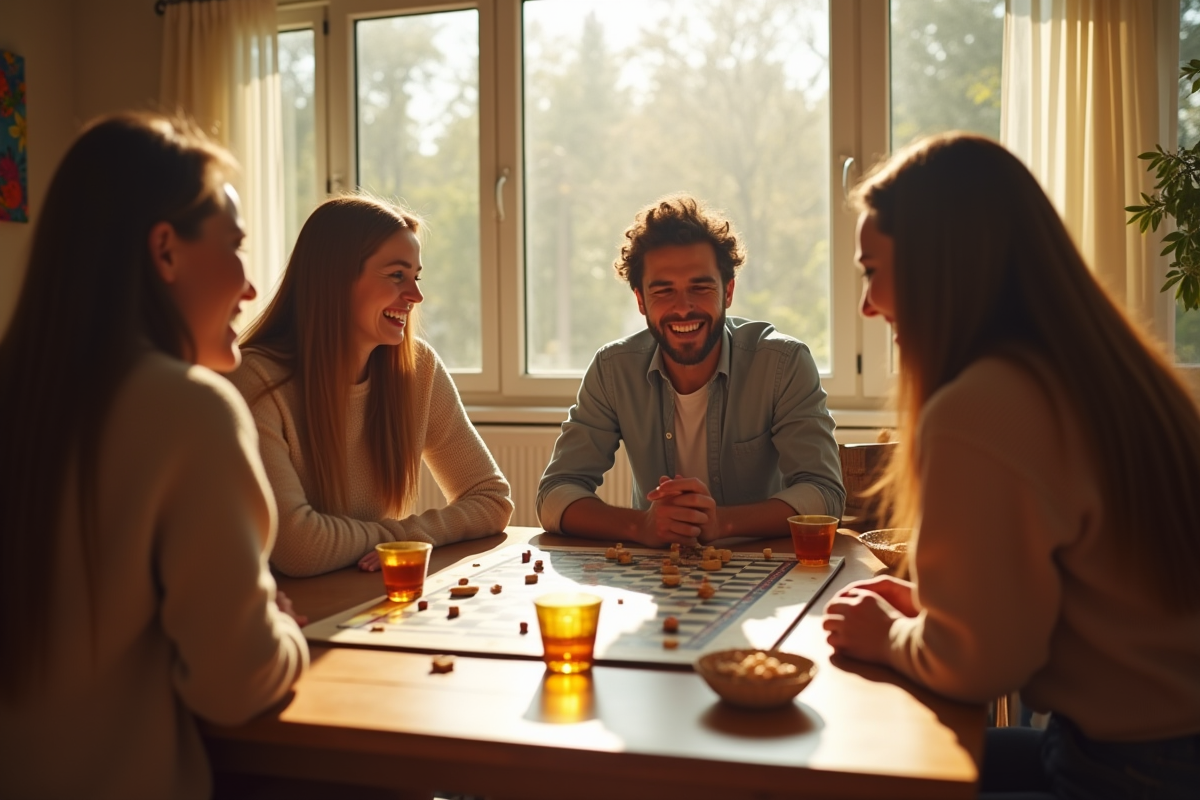 Groupe d'amis jouant à un jeu de société en salon lumineux