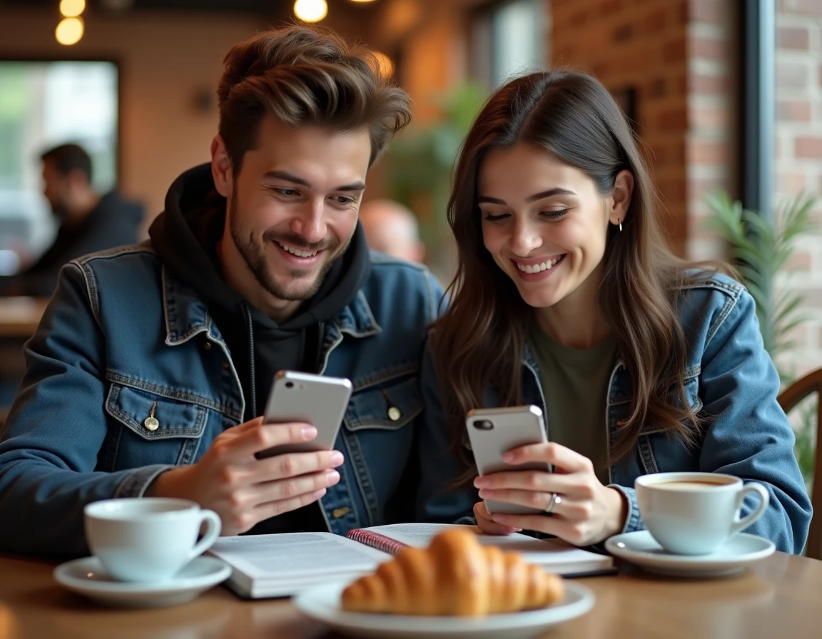Deux amis consultant leurs scans manga préférés sur smartphone dans un café moderne