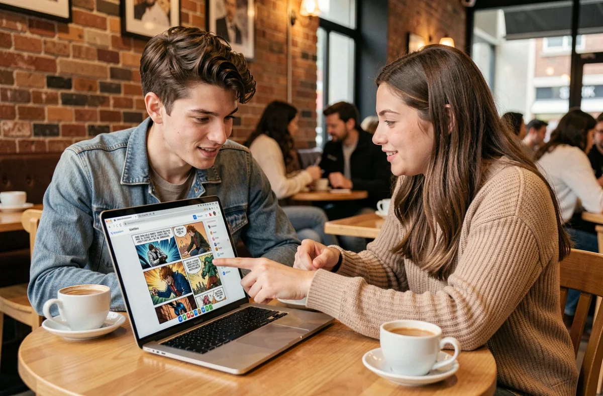 Deux amis lisant et discutant des scans de Solo Leveling en français dans un café