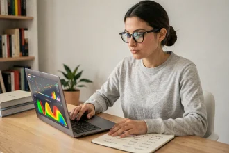 Femme analysant un score de similarité sémantique sur un écran d'ordinateur portable avec des graphiques de mots-clés colorés, dans un bureau à domicile moderne