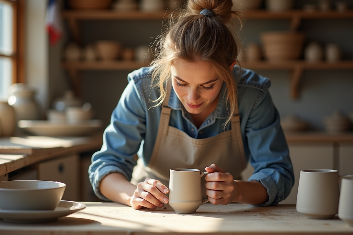 Jeune femme artisan labelle un mug en céramique fait main