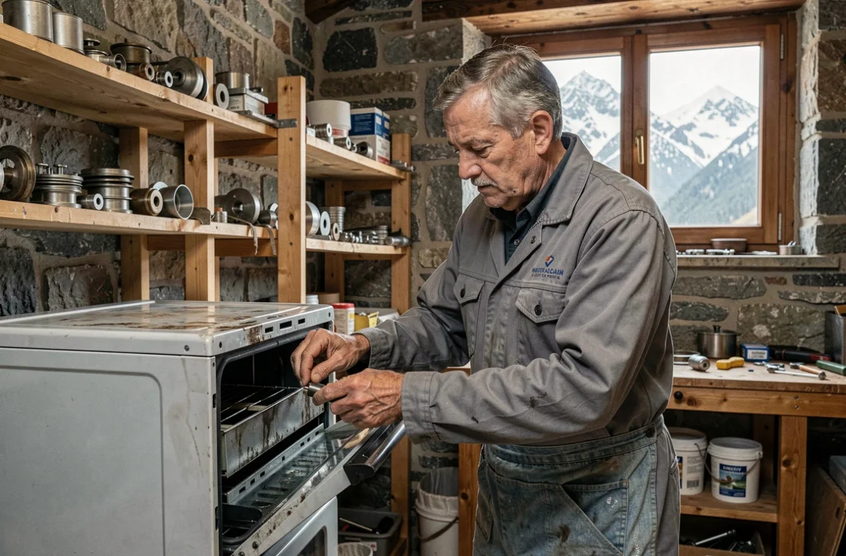 Technicien ASEM Jean Honnorat réparant un appareil électroménager dans un atelier des Hautes-Alpes avec vue sur les montagnes