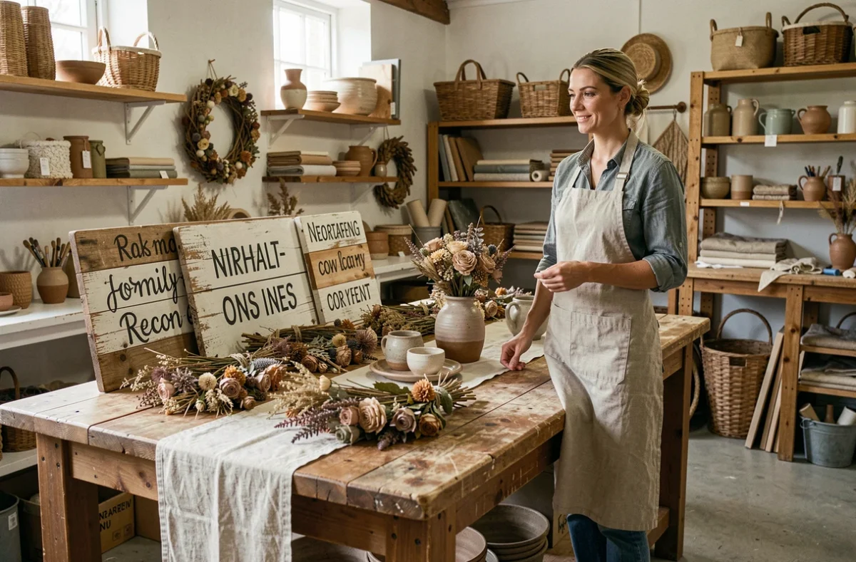 Décoratrice de l'Atelier Normand Événements dans son atelier artisanal entouré de créations décoratives faites main en Normandie