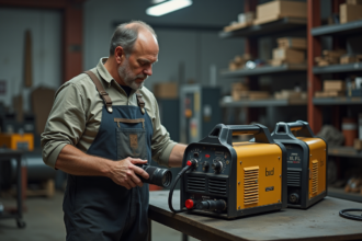 Homme en tenue de travail examine deux machines à souder dans un atelier