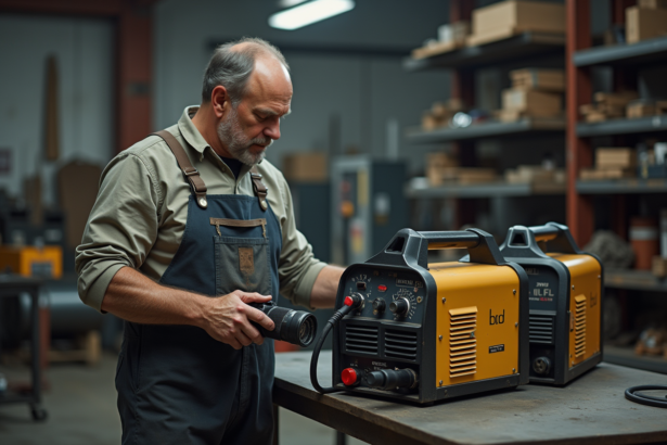 Homme en tenue de travail examine deux machines à souder dans un atelier