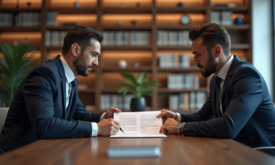Avocat et client examinant un document juridique dans un bureau lumineux