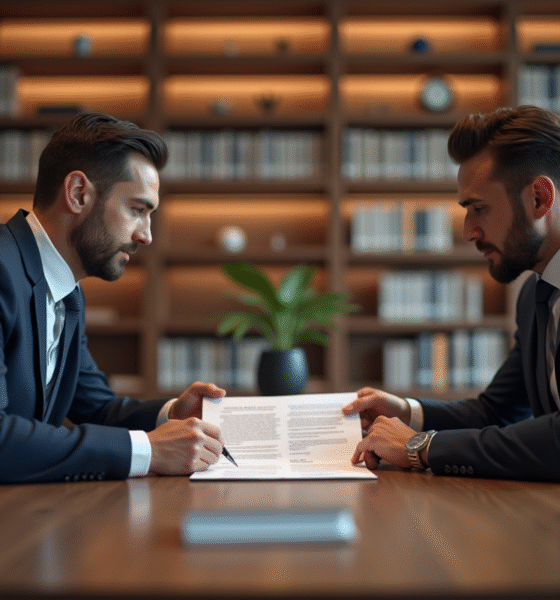 Avocat et client examinant un document juridique dans un bureau lumineux