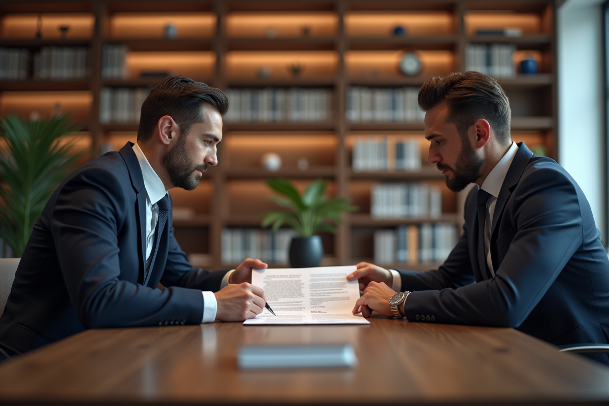 Avocat et client examinant un document juridique dans un bureau lumineux