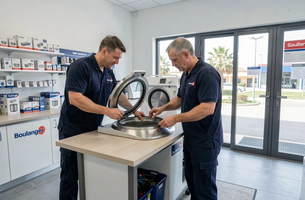 Deux techniciens de la station technique Boulanger réparant un sèche-linge dans le centre de service de Saint-Laurent-du-Var