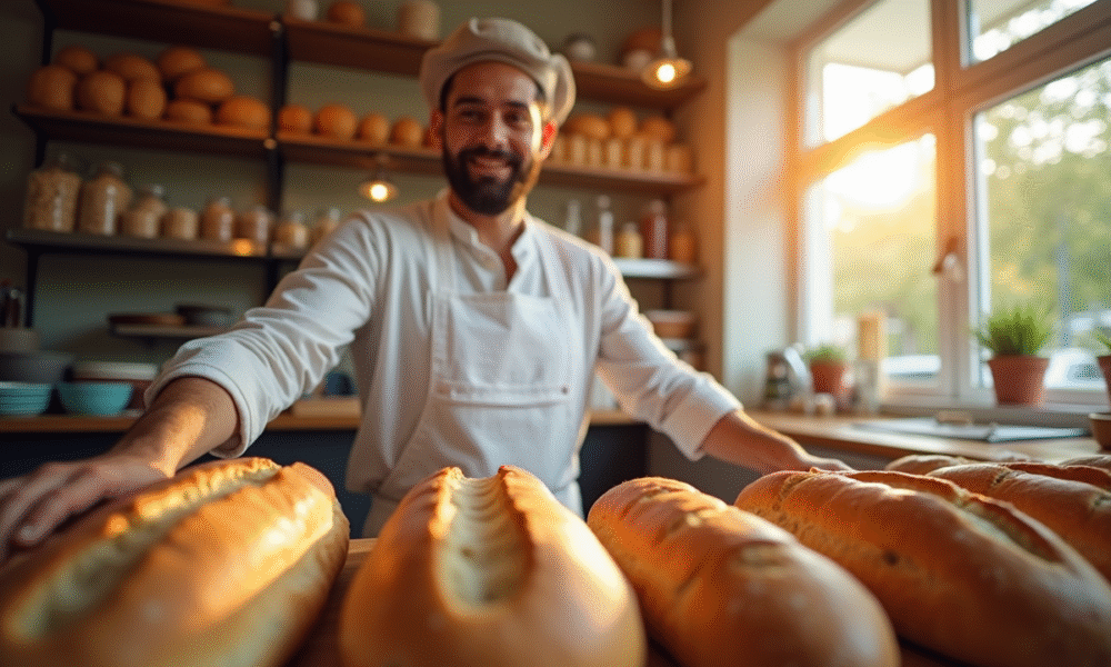 Boulanger confiant arrangeant du pain frais derrière un comptoir lumineux