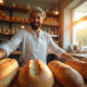 Boulanger confiant arrangeant du pain frais derrière un comptoir lumineux