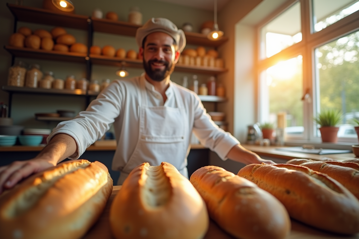 Boulanger confiant arrangeant du pain frais derrière un comptoir lumineux