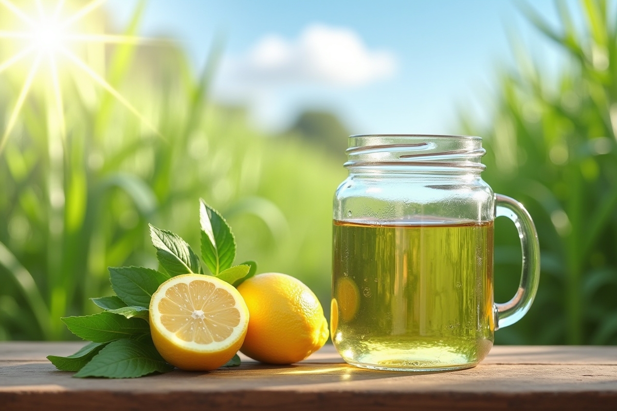 Bocal avec solution naturelle anti-mauvaises herbes à base de vinaigre et citron