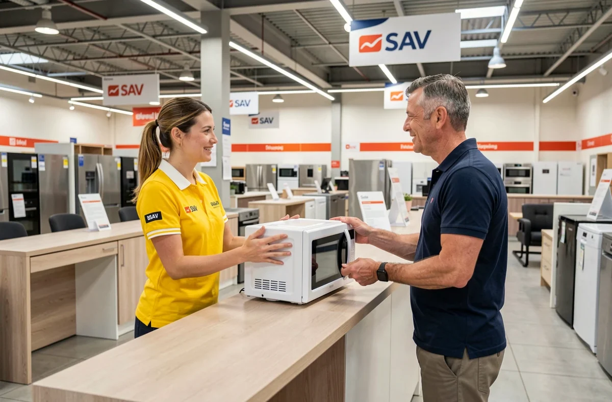 Conseillère du service après-vente BUT remettant un micro-ondes réparé à un client au comptoir du magasin d'Aix-en-Provence