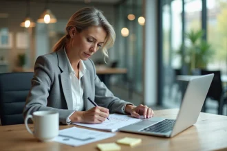 Femme professionnelle calculant une durée entre deux dates sur un calendrier papier et un ordinateur portable au bureau