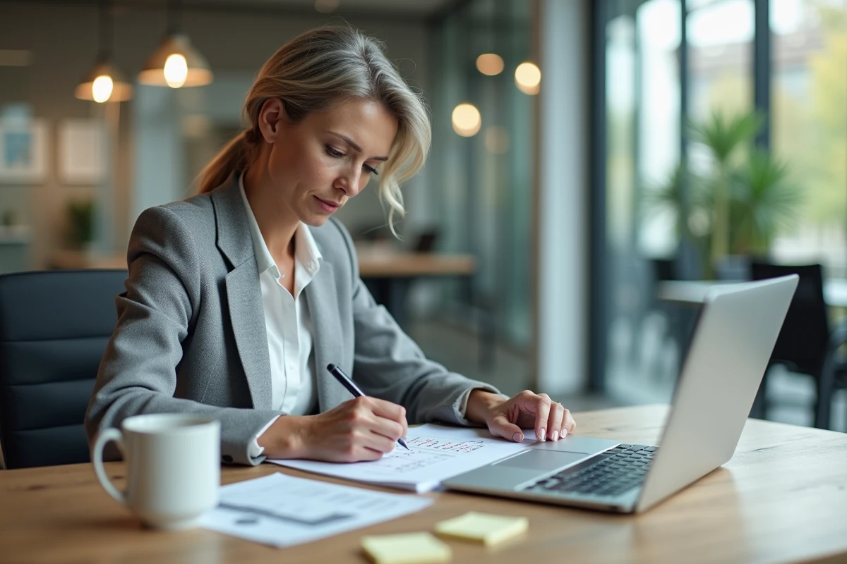 Femme professionnelle calculant une durée entre deux dates sur un calendrier papier et un ordinateur portable au bureau