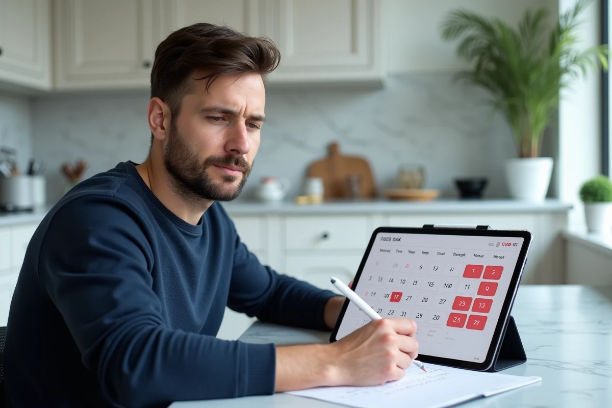 Homme utilisant une tablette avec calculatrice de dates intégrant jours fériés et week-ends dans une cuisine moderne