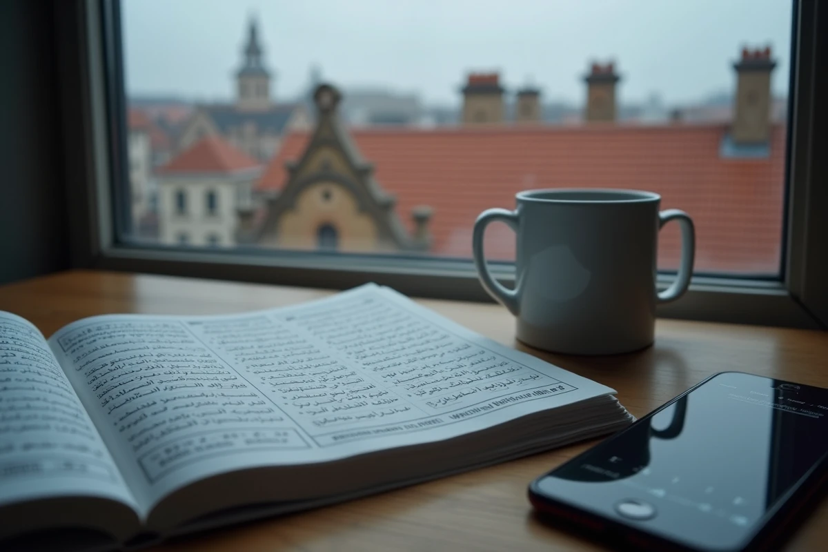 Calendrier de prière islamique en français et arabe posé sur un bureau avec une application d'horaires de prière sur smartphone et vue sur les toits de Toulouse en hiver