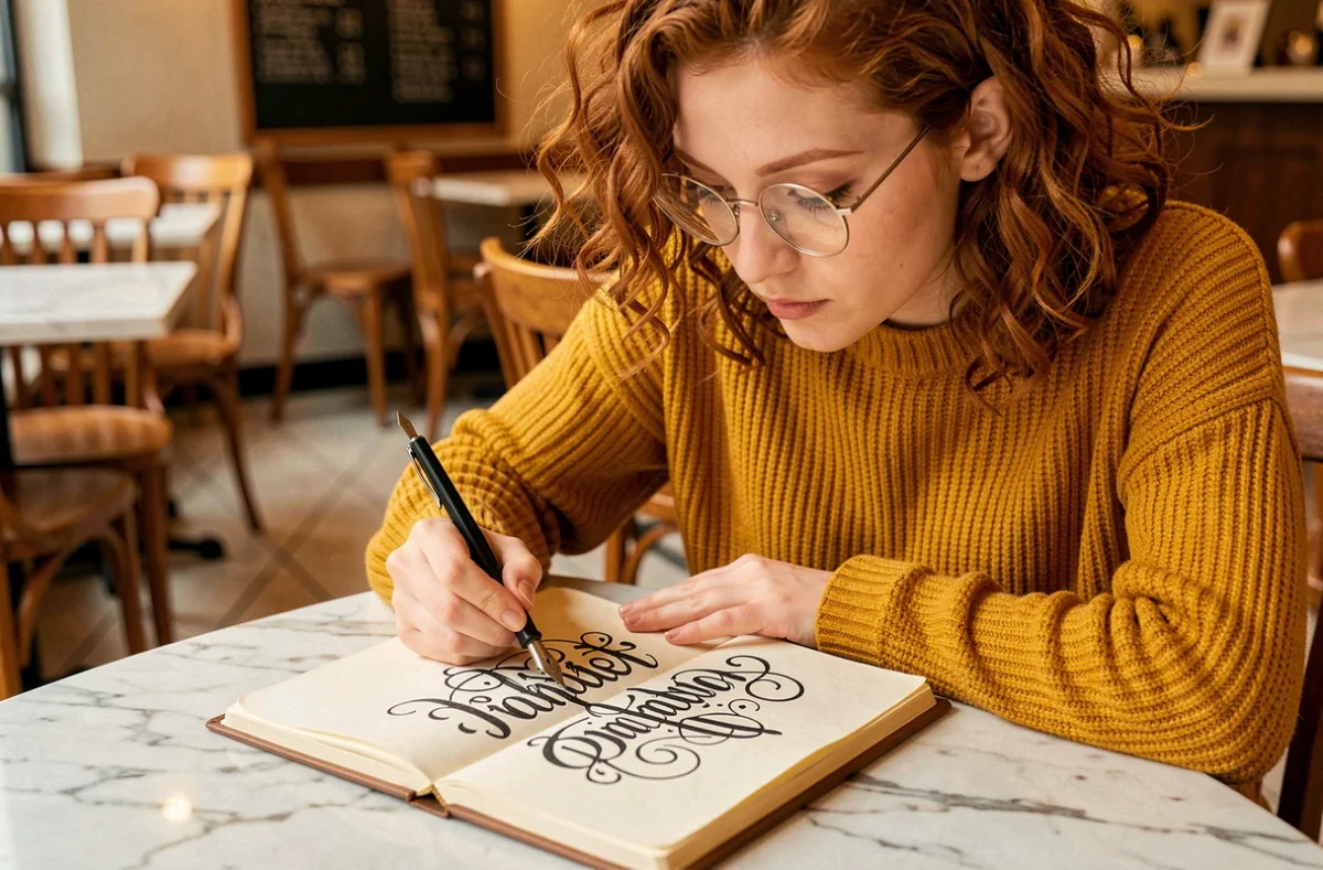 Jeune femme pratiquant la calligraphie à l'encre noire dans un café, stylo plume en main sur un journal ouvert