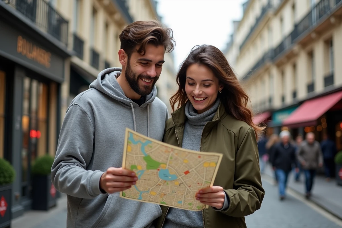 Couple consultant une carte des arrondissements de Paris dans une rue haussmannienne pour trouver un quartier résidentiel