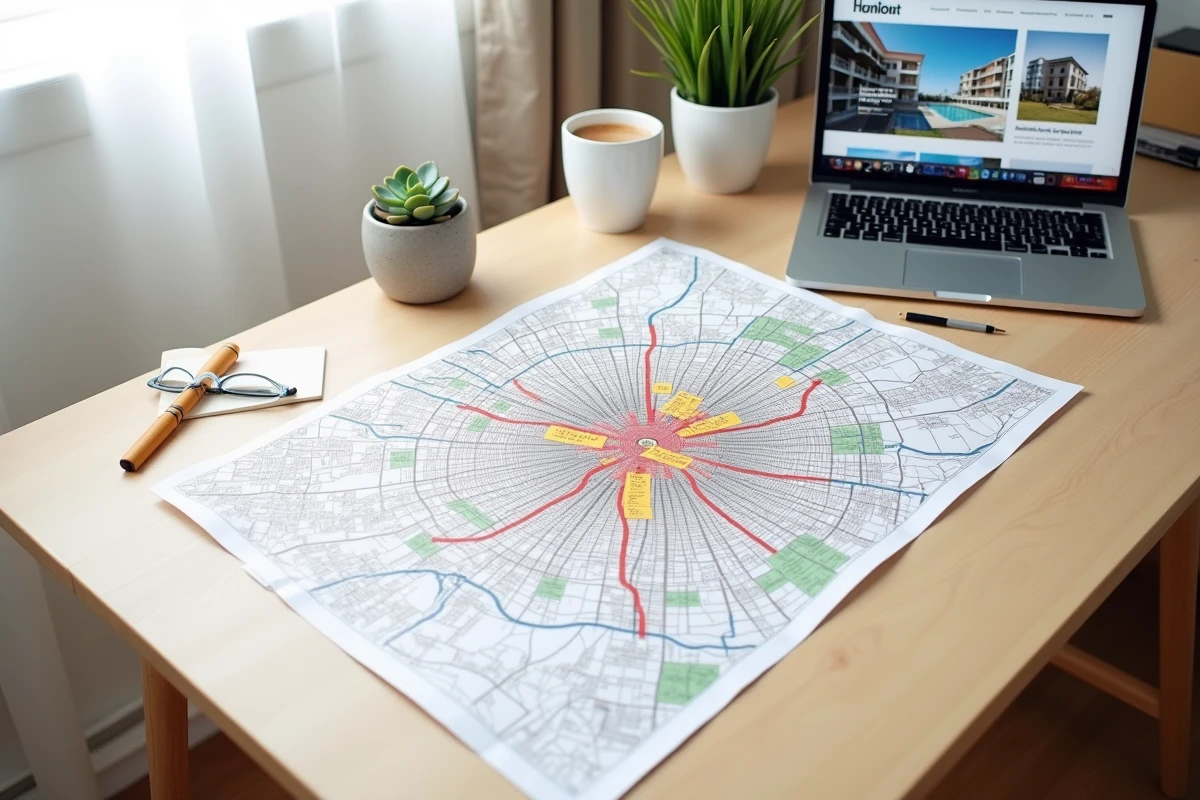 Carte de Paris avec arrondissements annotée sur un bureau pour recherche de quartier résidentiel