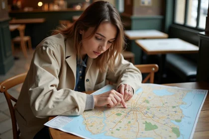 Femme consultant une carte de Paris dans un café parisien pour choisir un quartier où habiter