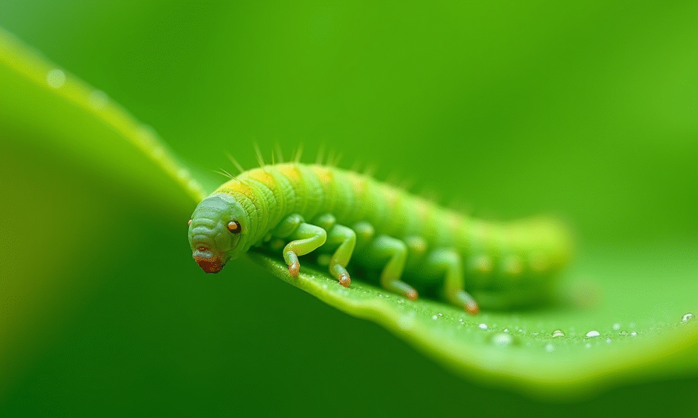 Chenille verte sur une feuille lumineuse en macro