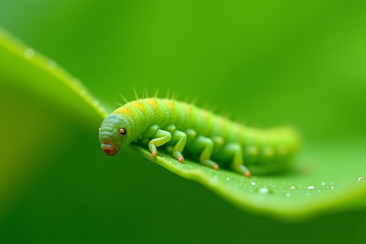 Chenille verte sur une feuille lumineuse en macro