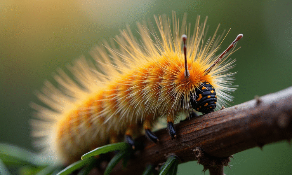Gros plan d'une chenille processionnaire sur branche de pin