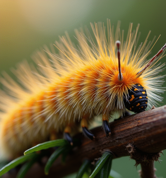 Gros plan d'une chenille processionnaire sur branche de pin