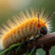 Gros plan d'une chenille processionnaire sur branche de pin