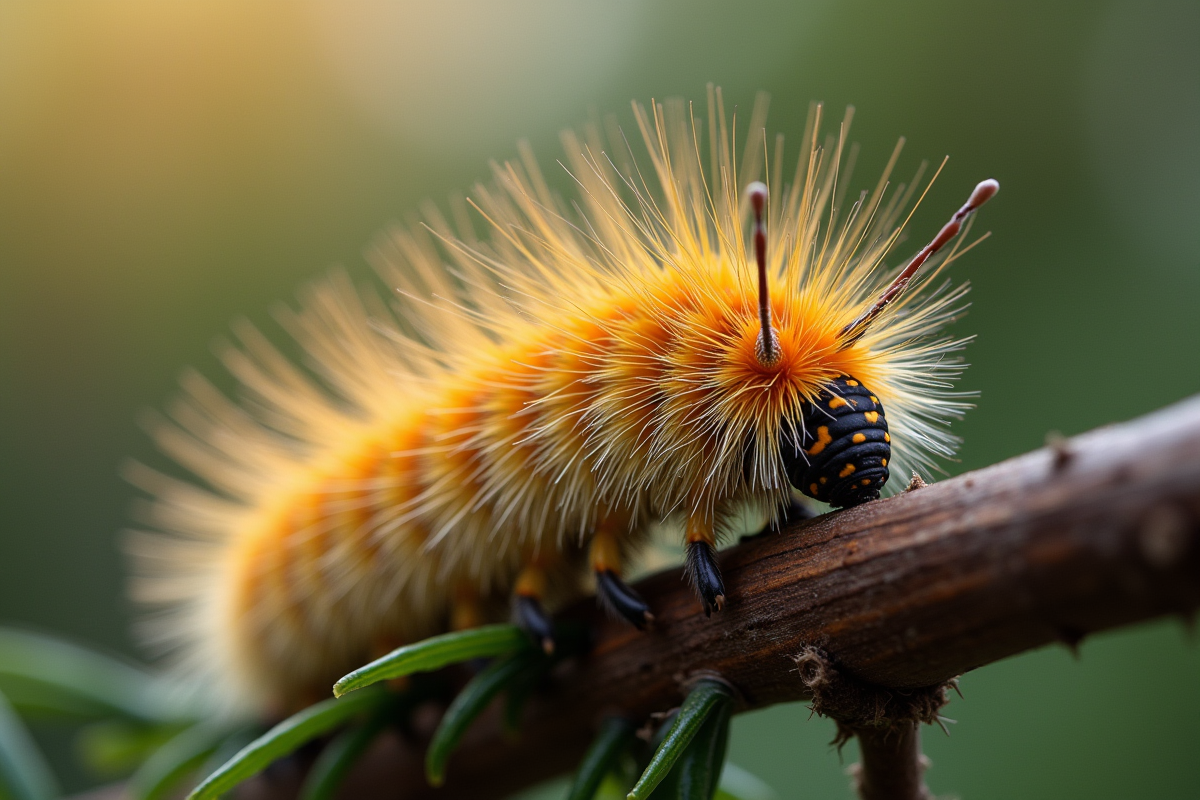 Gros plan d'une chenille processionnaire sur branche de pin