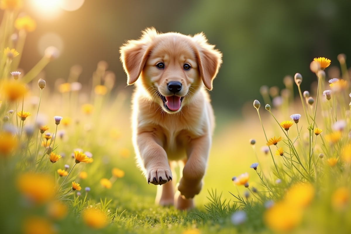 Jeune chiot golden retriever courant dans une prairie en fleurs
