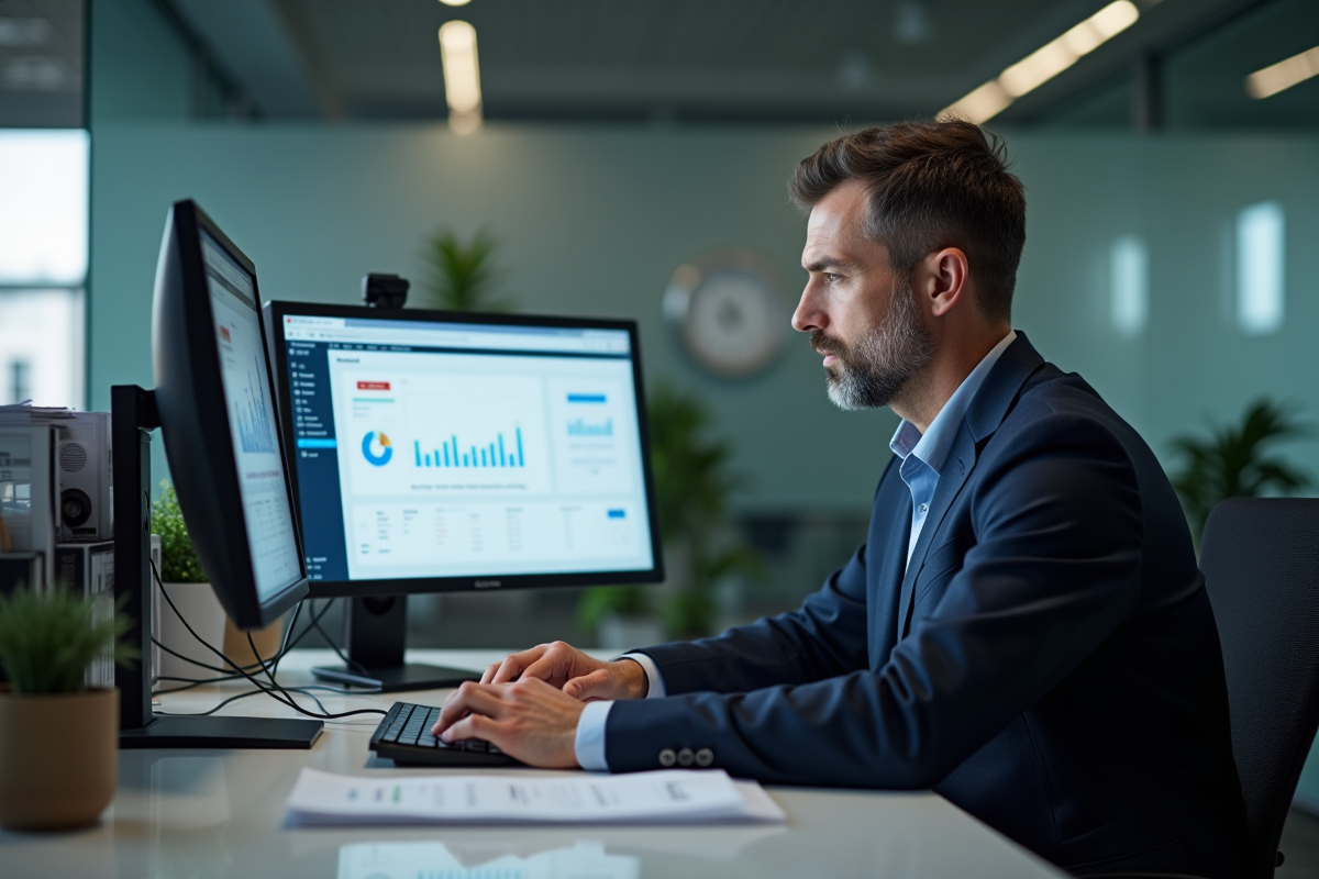 Homme d'affaires au bureau travaillant sur un ordinateur