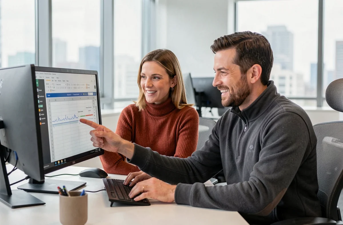 Deux collègues collaborant sur une analyse de score de proximité sémantique et d'indices Cemantix sur un double écran dans un bureau professionnel moderne